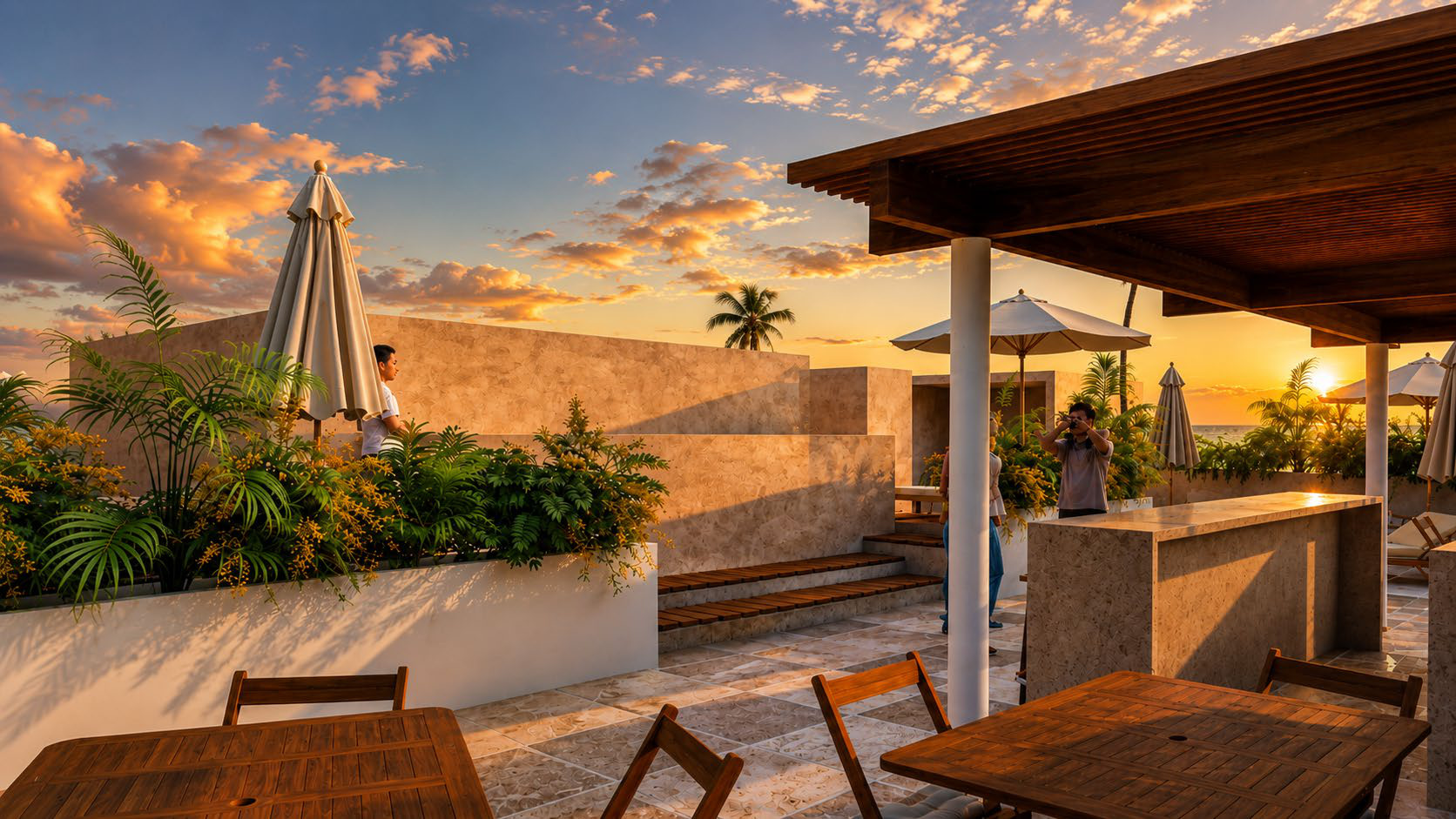 Área de amenidades al atardecer